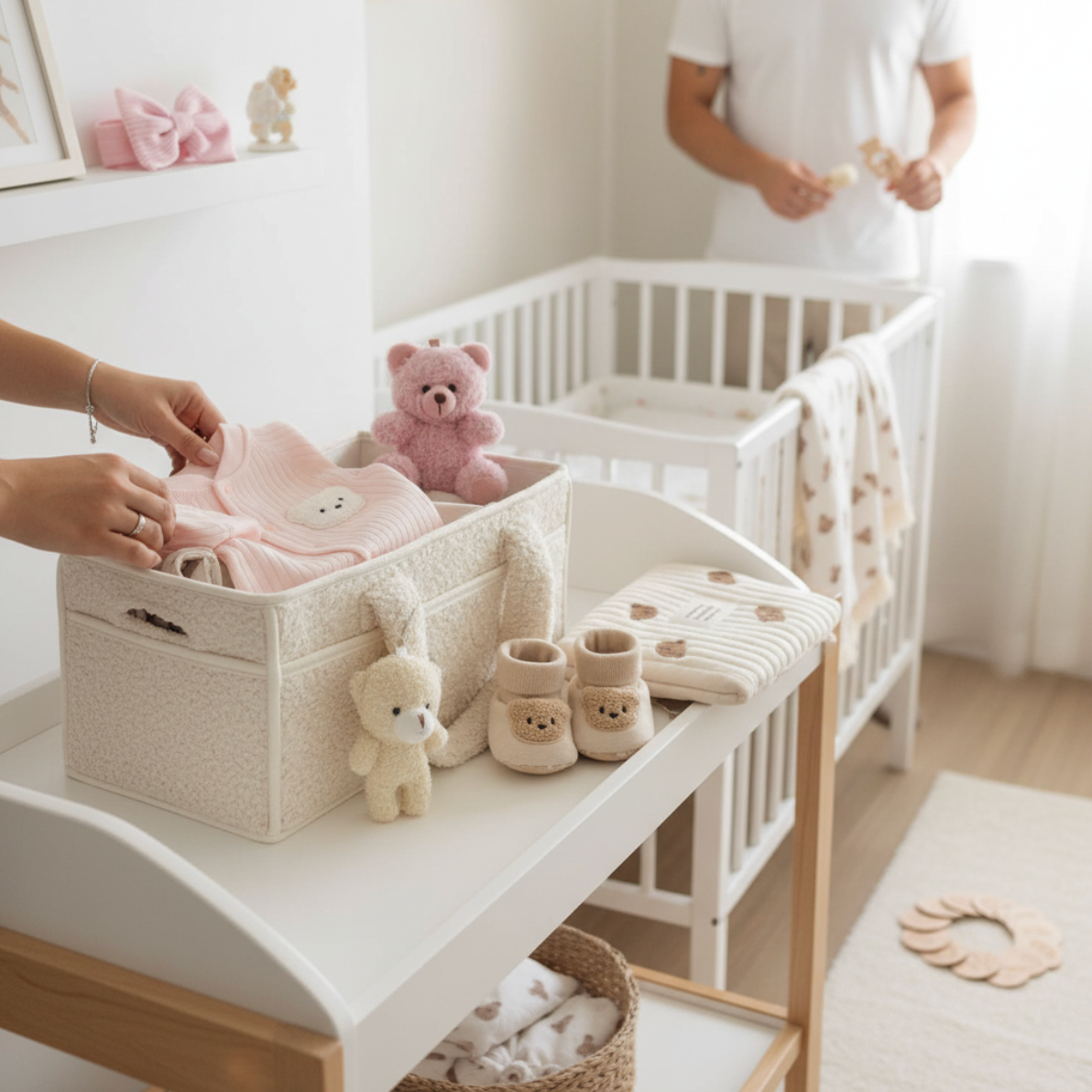 10-Piece Set "THE COZY ESSENTIALS", Pink and Cream Baby Set, Baby Shower, Newborn and Baby Essentials with Diaper Caddy - Bear Theme