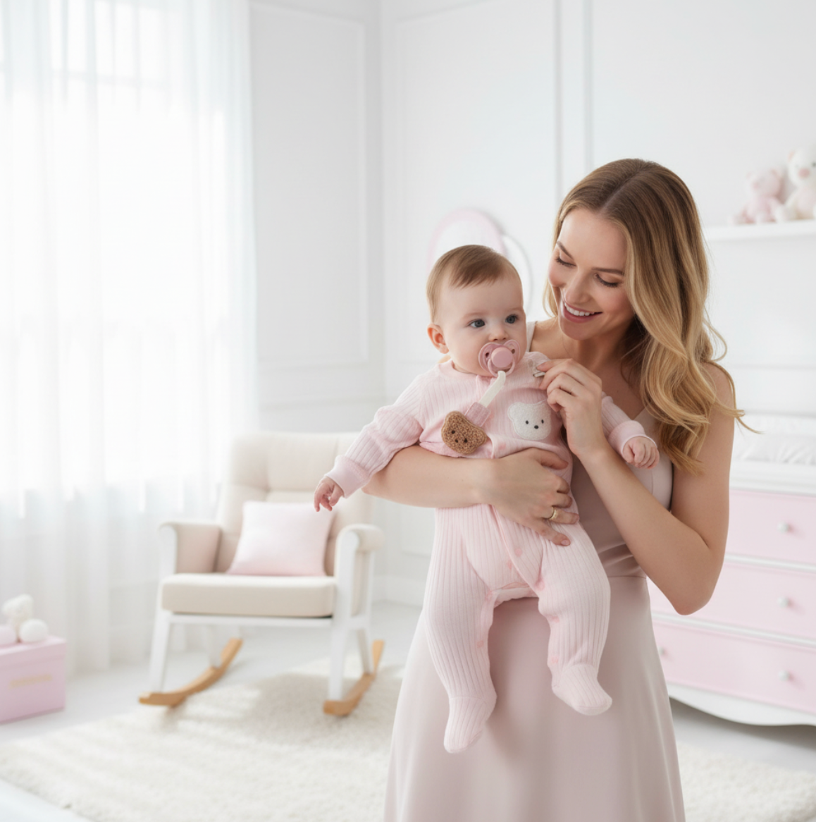 10-Piece Set "THE COZY ESSENTIALS", Pink and Cream Baby Set, Baby Shower, Newborn and Baby Essentials with Diaper Caddy - Bear Theme