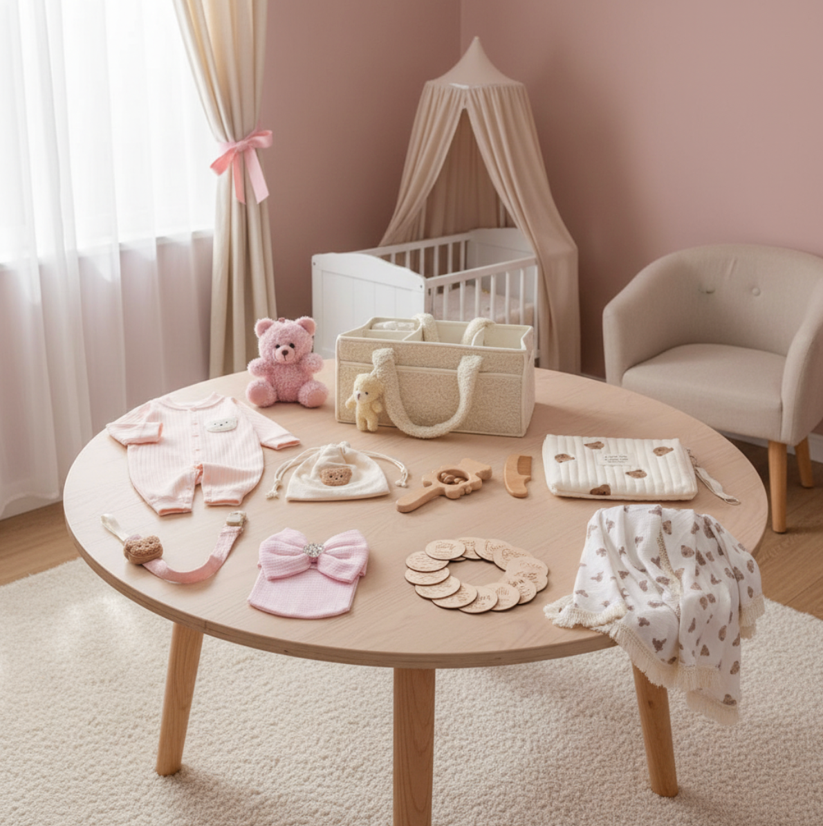 10-Piece Set "THE COZY ESSENTIALS", Pink and Cream Baby Set, Baby Shower, Newborn and Baby Essentials with Diaper Caddy - Bear Theme