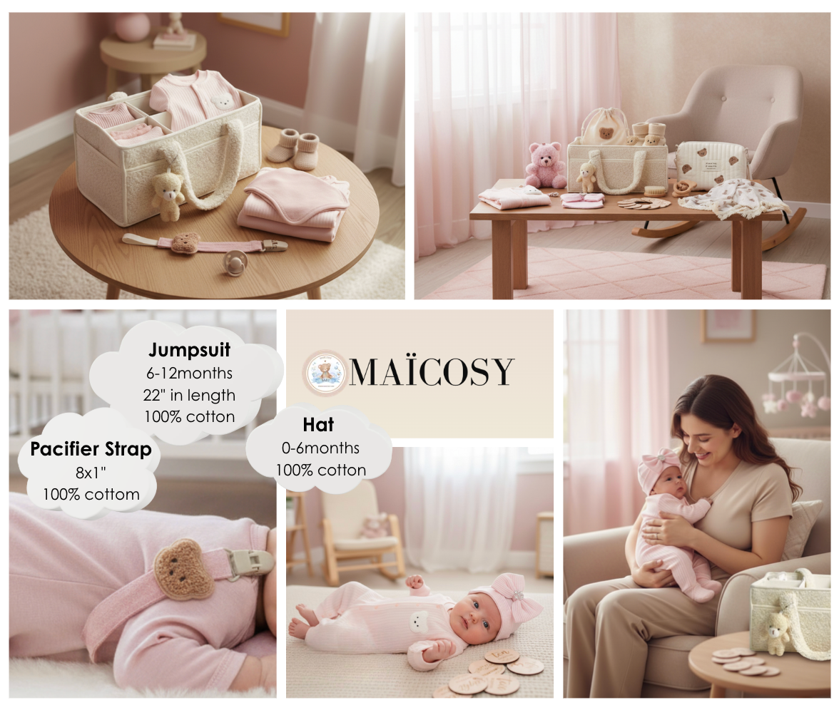 10-Piece Set "THE COZY ESSENTIALS", Pink and Cream Baby Set, Baby Shower, Newborn and Baby Essentials with Diaper Caddy - Bear Theme