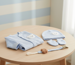 12-Piece Set "THE COZY ESSENTIALS", Cream Blue Baby Set, Baby Shower, Baby boy, Newborn and Baby Essentials, with Diaper Caddy - Bear Theme