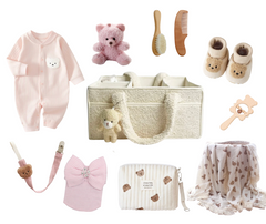 10-Piece Set "THE COZY ESSENTIALS", Pink and Cream Baby Set, Baby Shower, Newborn and Baby Essentials with Diaper Caddy - Bear Theme