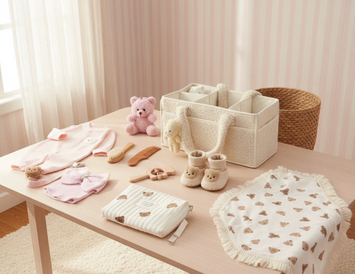 10-Piece Set "THE COZY ESSENTIALS", Pink and Cream Baby Set, Baby Shower, Newborn and Baby Essentials with Diaper Caddy - Bear Theme