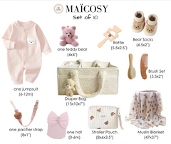 10-Piece Set "THE COZY ESSENTIALS", Pink and Cream Baby Set, Baby Shower, Newborn and Baby Essentials with Diaper Caddy - Bear Theme