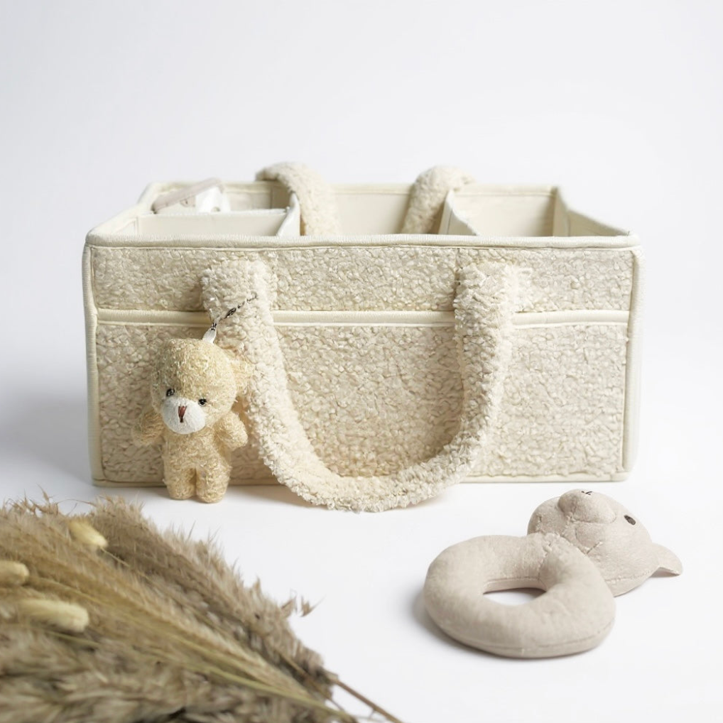 Cozy Plush Diaper Wipes Organizer Caddy With Small Teddy Bear Charm - Cream
