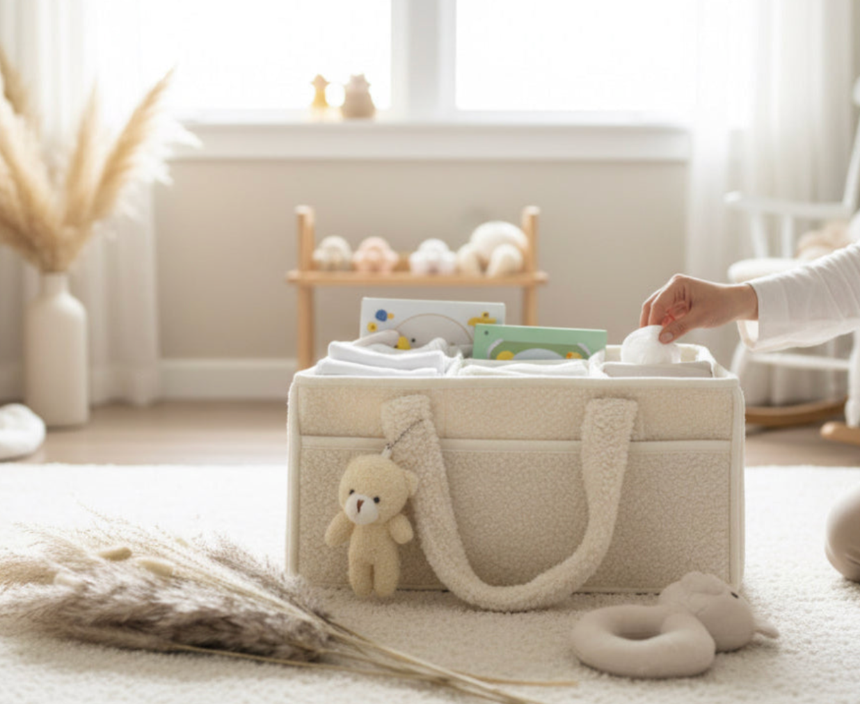 Cozy Plush Diaper Wipes Organizer Caddy With Small Teddy Bear Charm - Cream