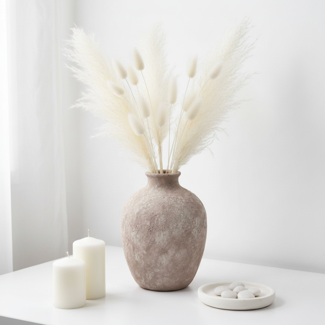 Minimalist Hand-Painted Textured Ceramic Vase 10" tall -  Beige Washed