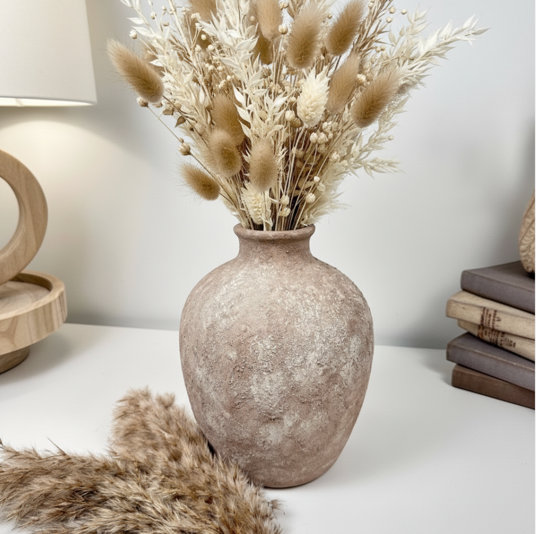 Minimalist Hand-Painted Textured Ceramic Vase 10" tall -  Beige Washed