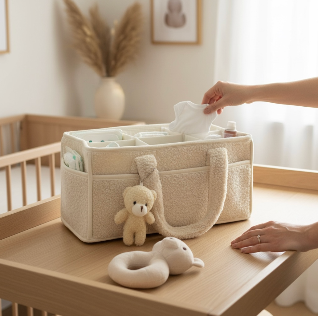 Cozy Plush Diaper Wipes Organizer Caddy With Small Teddy Bear Charm - Cream