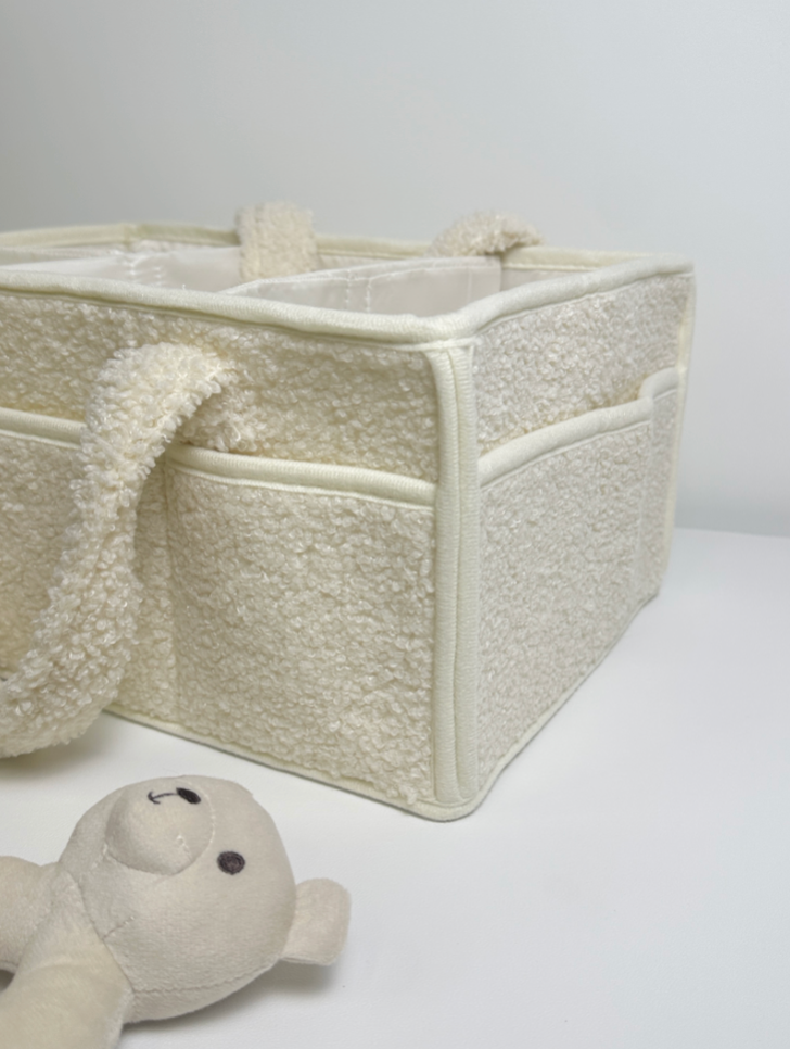 Cozy Plush Diaper Wipes Organizer Caddy With Small Teddy Bear Charm - Cream