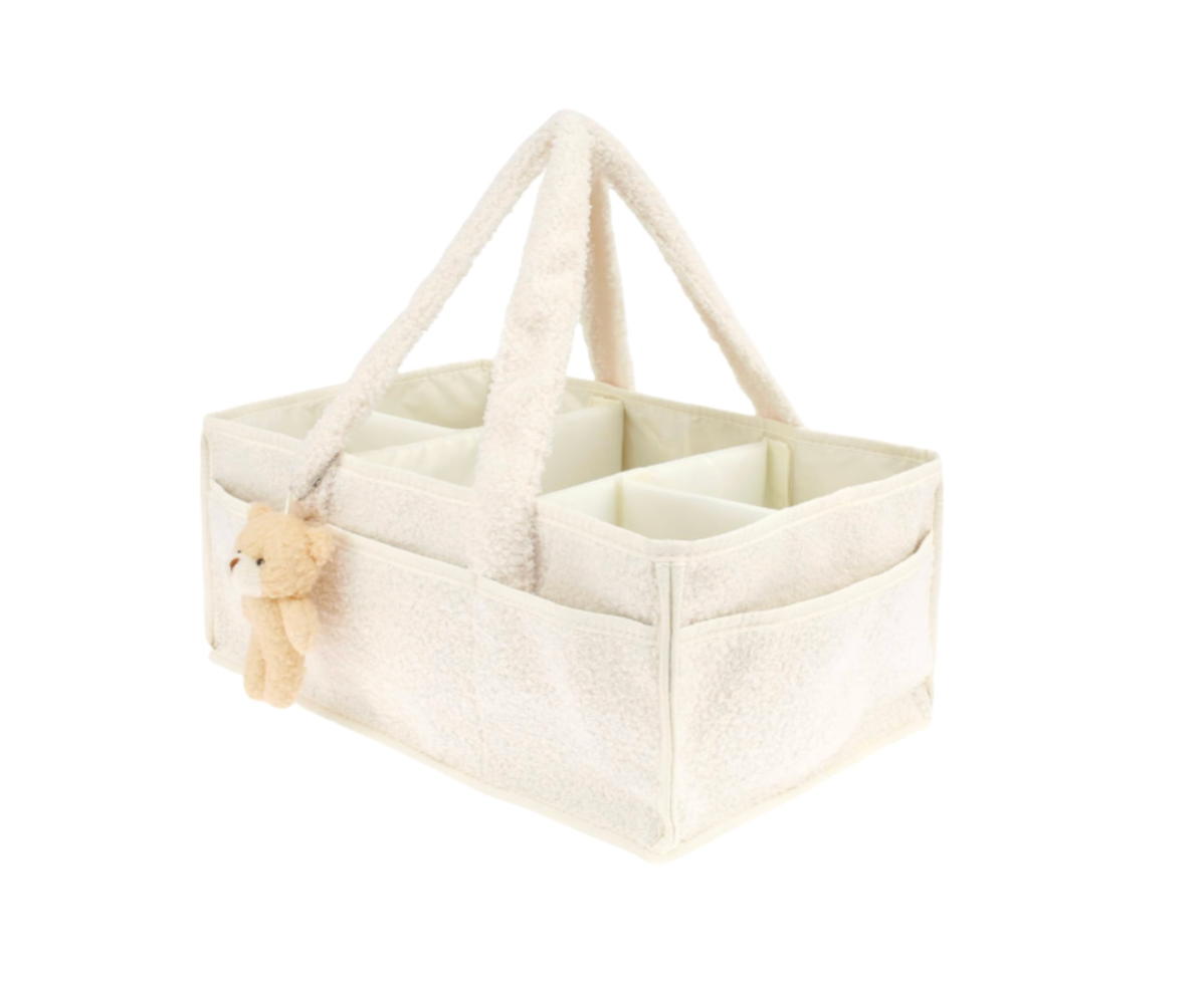 Cozy Plush Diaper Wipes Organizer Caddy With Small Teddy Bear Charm - Cream