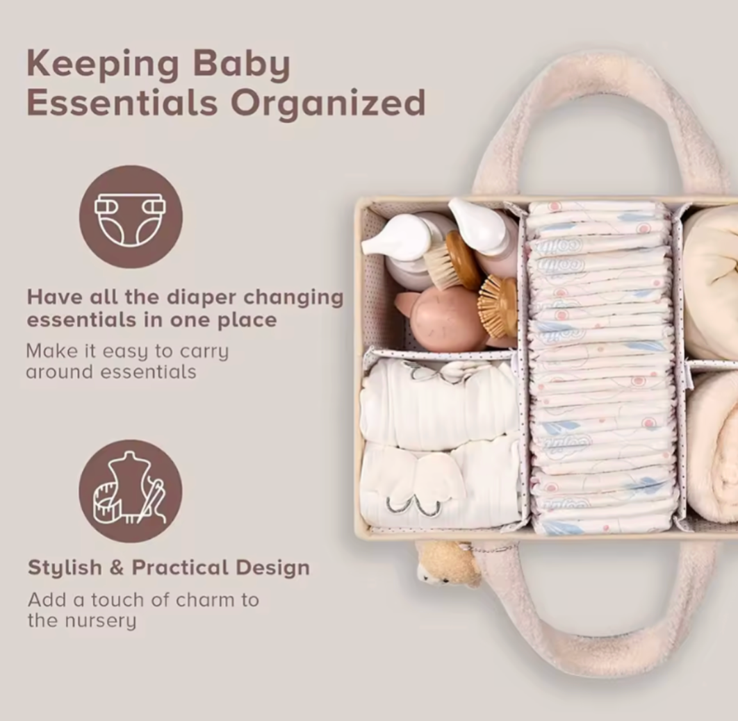Cozy Plush Diaper Wipes Organizer Caddy With Small Teddy Bear Charm - Cream