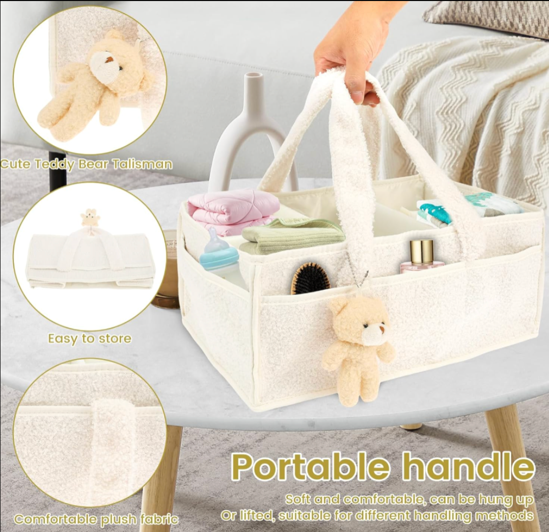Cozy Plush Diaper Wipes Organizer Caddy With Small Teddy Bear Charm - Cream