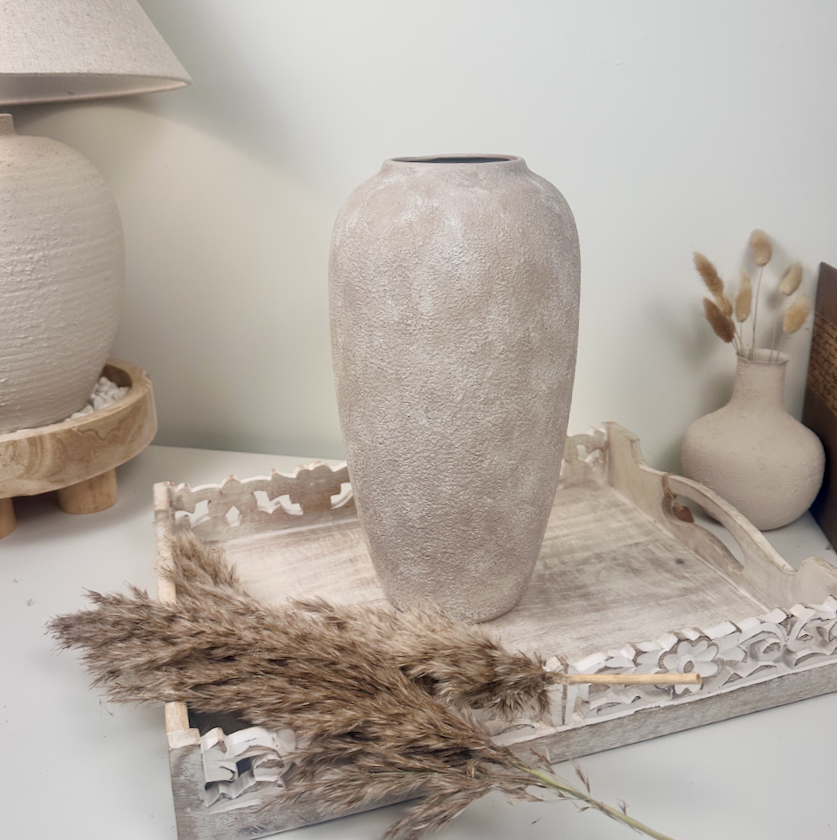 Minimalist Modern Ceramic Vase 12" tall - Hand-Painted Beige washed