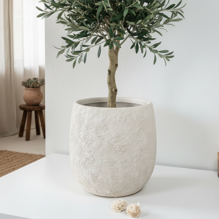Minimalist Textured Hand-painted Ceramic Planter 12.5"" tall - off white washed