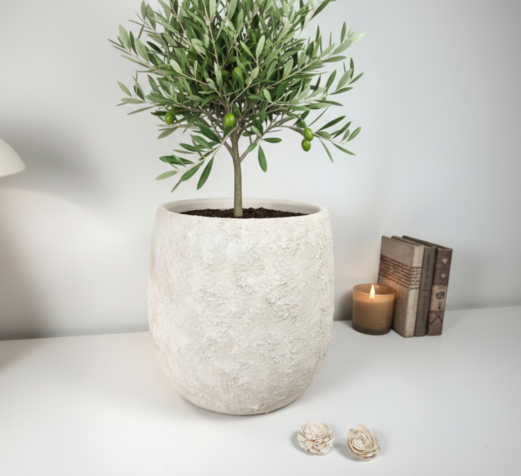 Minimalist Textured Hand-painted Ceramic Planter 12.5"" tall - off white washed