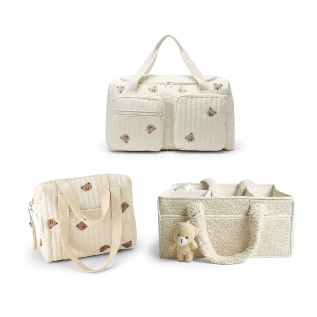 Set of 3 Stroller Bag, Duffel Bag and Caddy Diaper Bag for Baby Essentials - Cream
