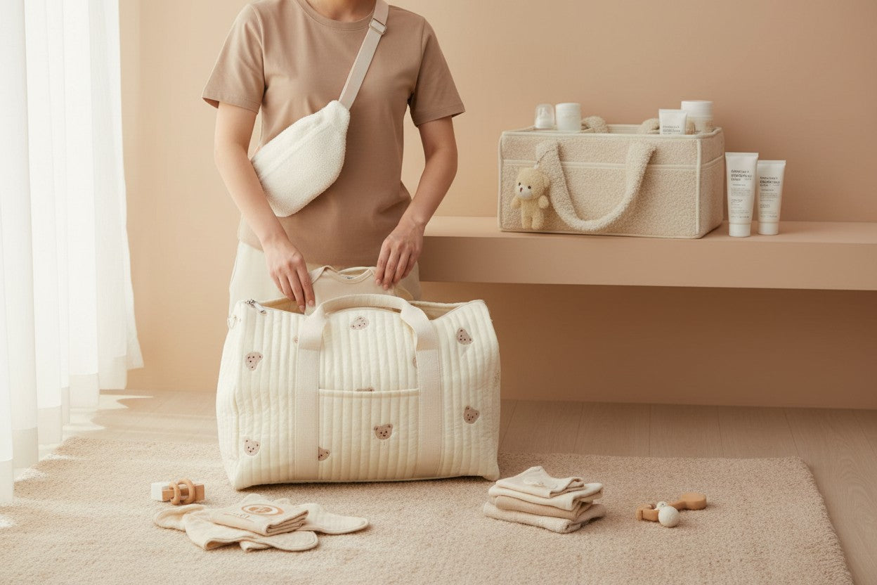 Set of 3 Travel Bag, Crossbody Bag and Caddy Diaper Bag for Baby Essentials - Cream