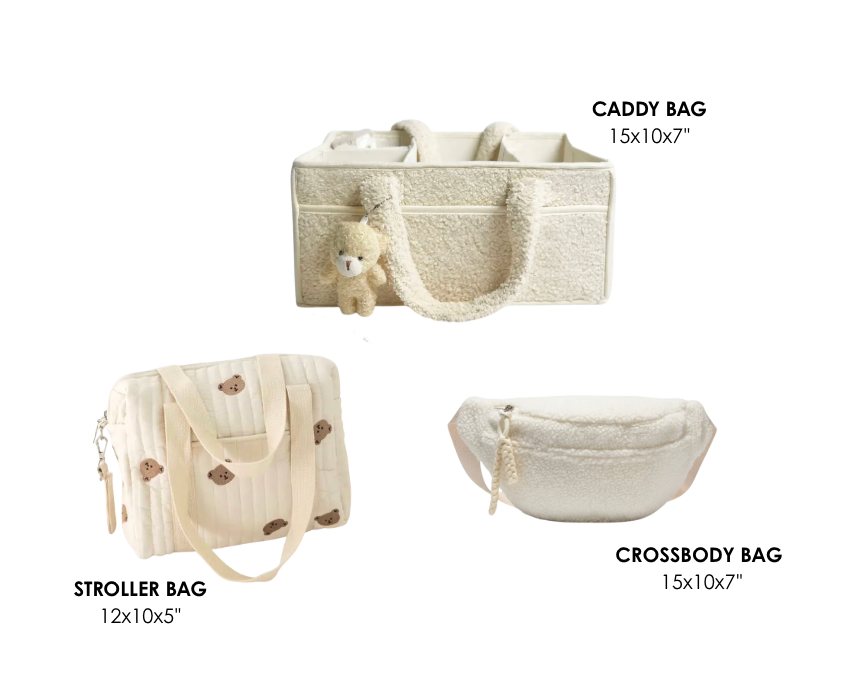 Set of 3 Stroller Bag, Crossbody Bag and Caddy Diaper Bag for Baby Essentials - Cream