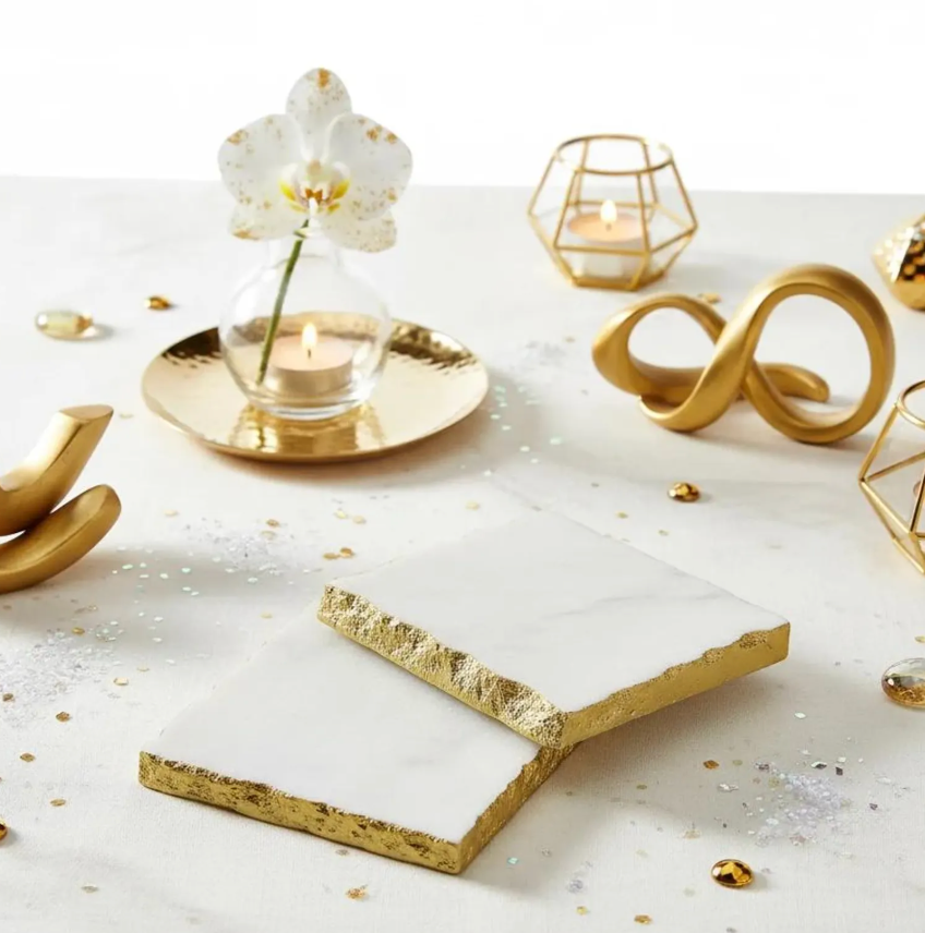 Elegant White Marble and Gold Coasters - Set of 4