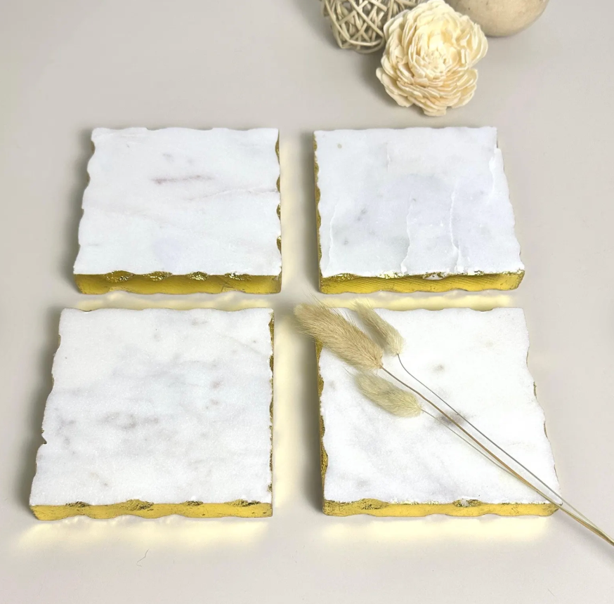 Elegant White Marble and Gold Coasters - Set of 4