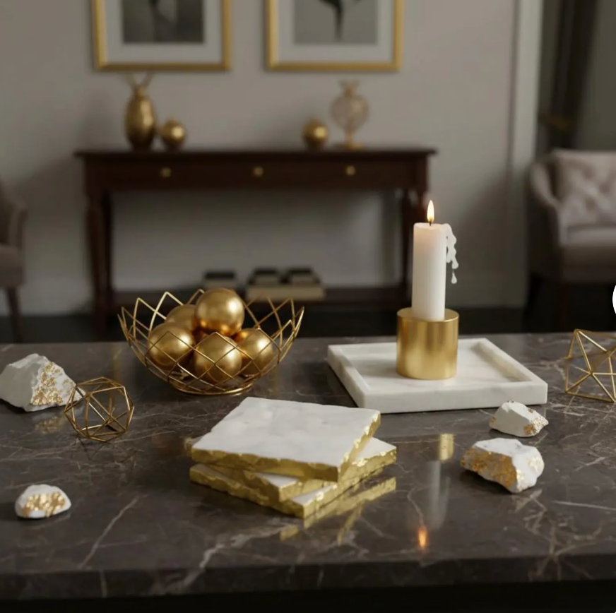 Elegant White Marble and Gold Coasters - Set of 4