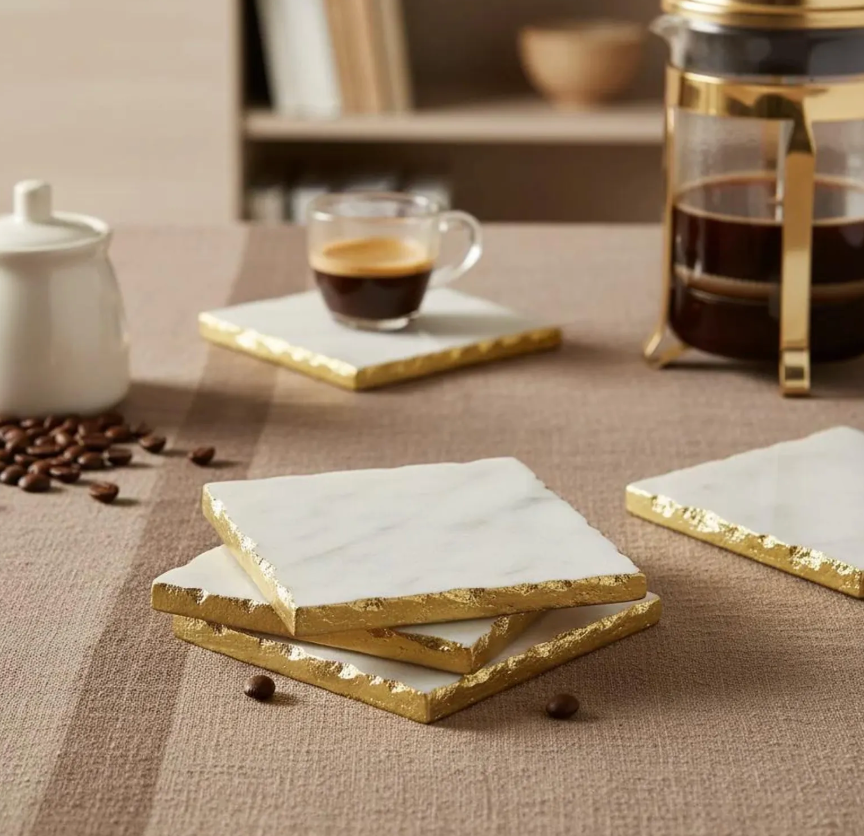 Elegant White Marble and Gold Coasters - Set of 4