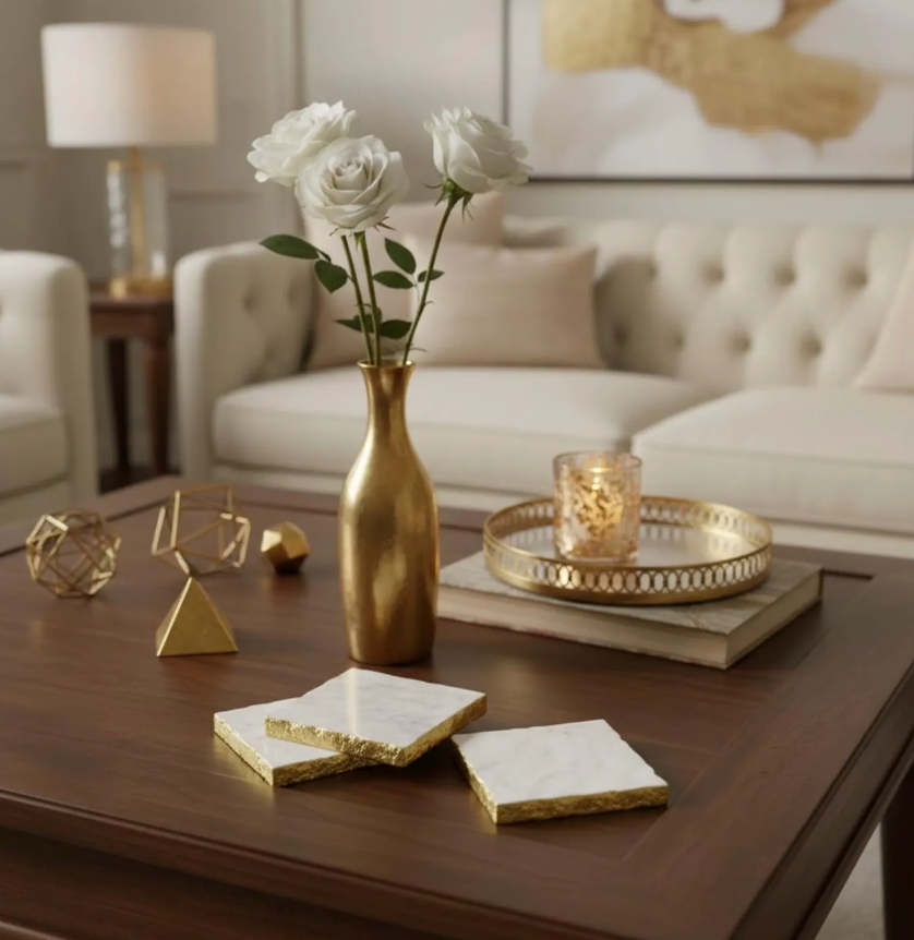 Elegant White Marble and Gold Coasters - Set of 4