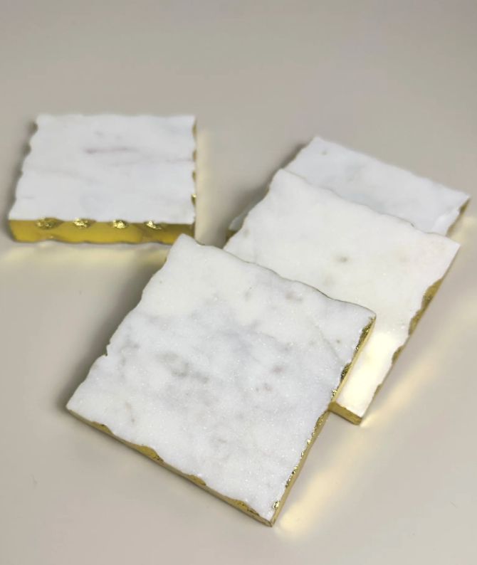 Elegant White Marble and Gold Coasters - Set of 4
