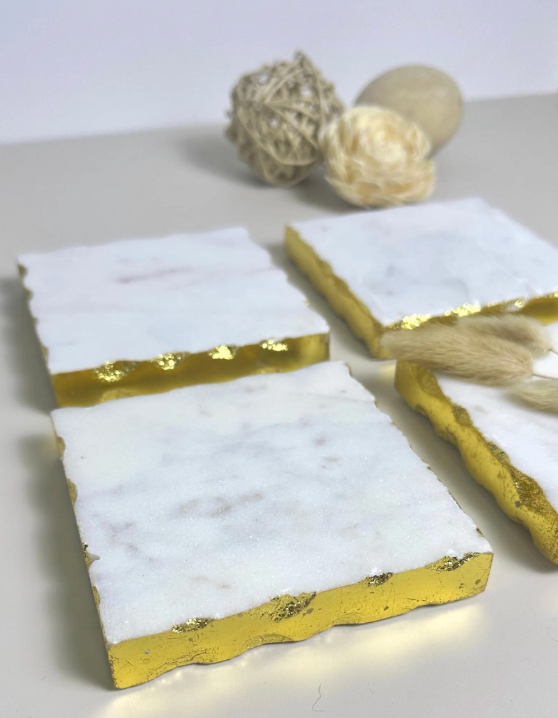 Elegant White Marble and Gold Coasters - Set of 4