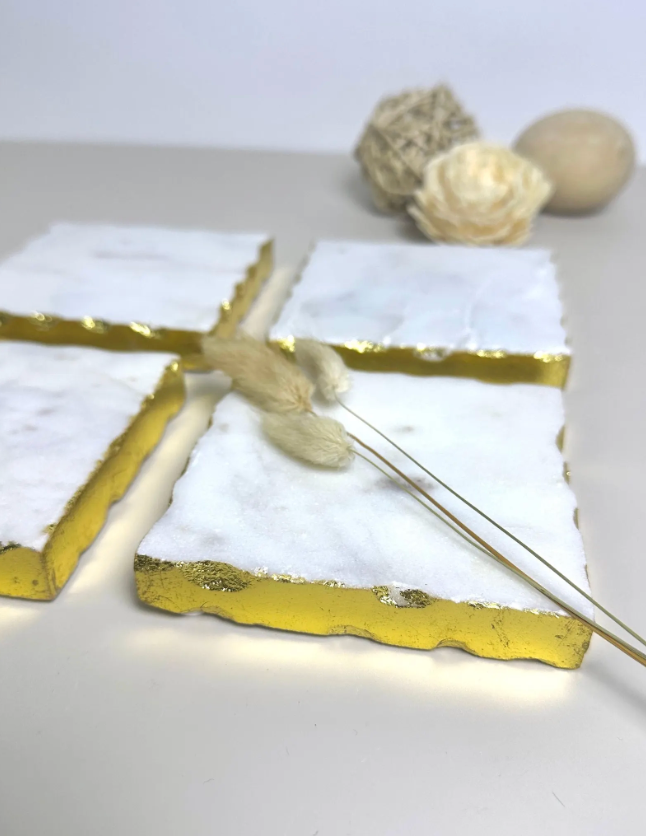 Elegant White Marble and Gold Coasters - Set of 4