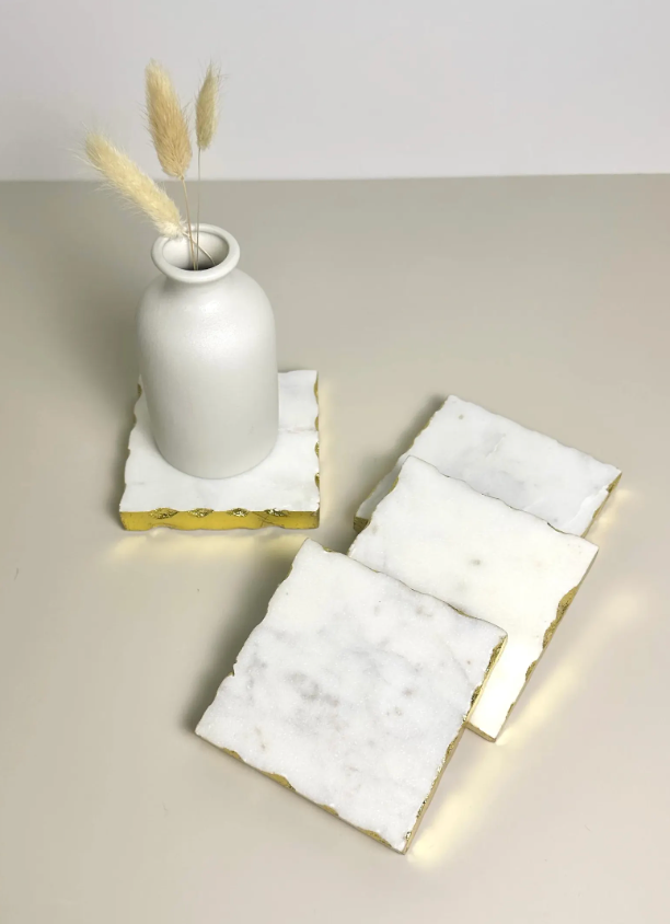 Elegant White Marble and Gold Coasters - Set of 4