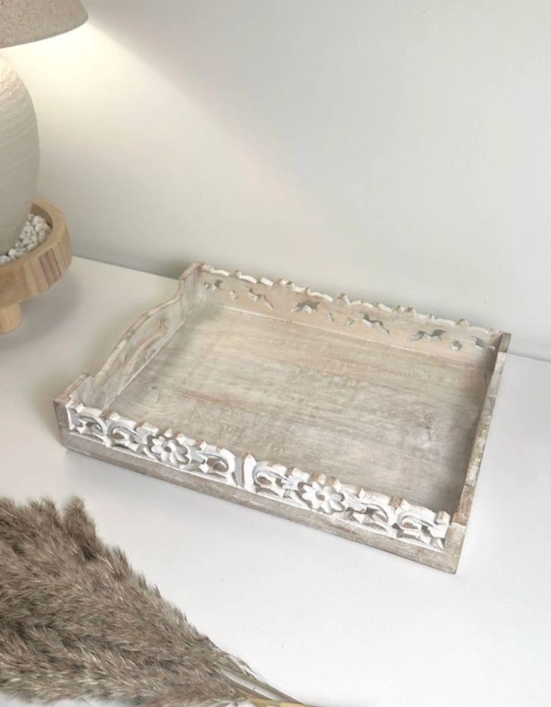 Boho Handmade Decorative Serving Wooden Tray Whitewashed