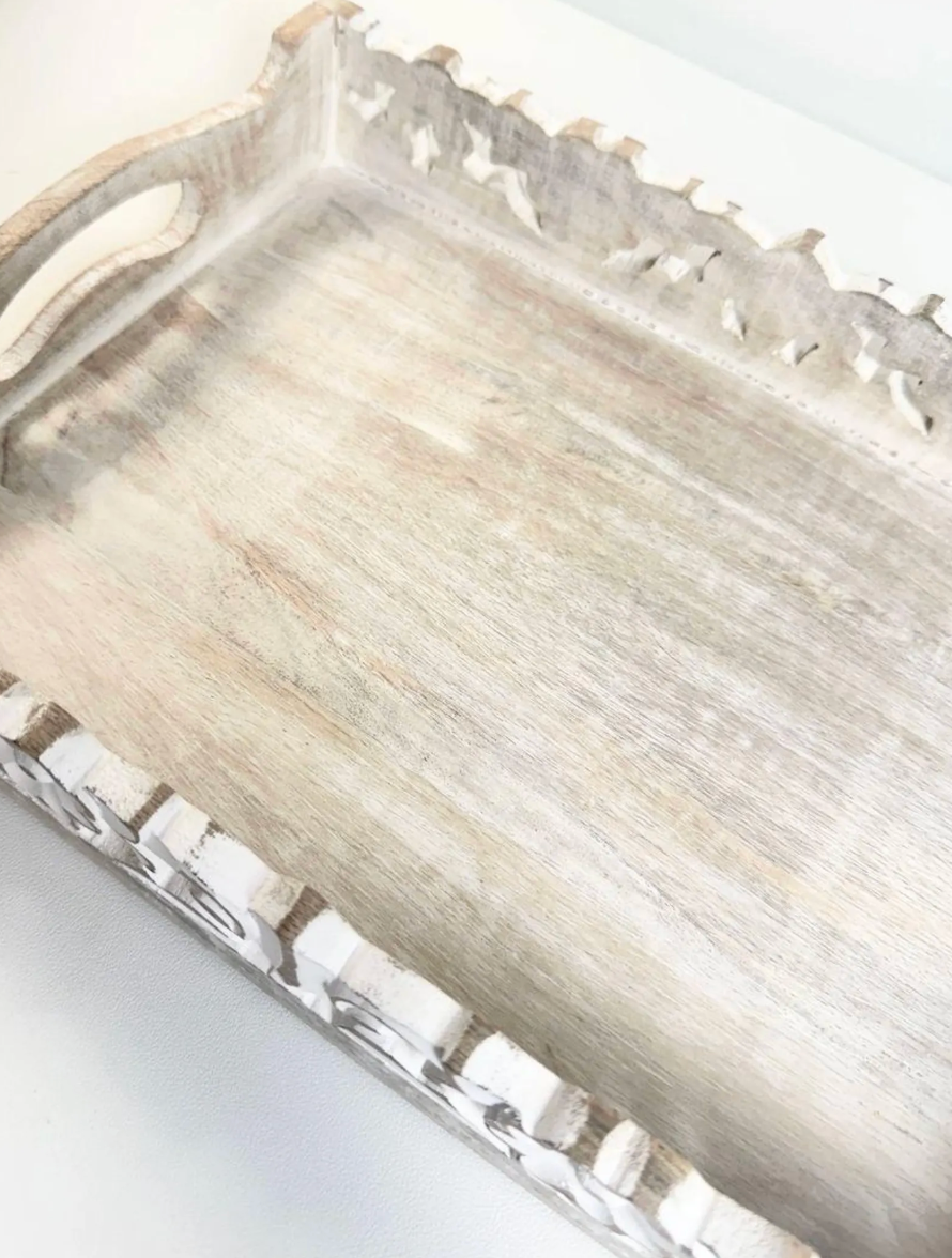 Boho Handmade Decorative Serving Wooden Tray Whitewashed