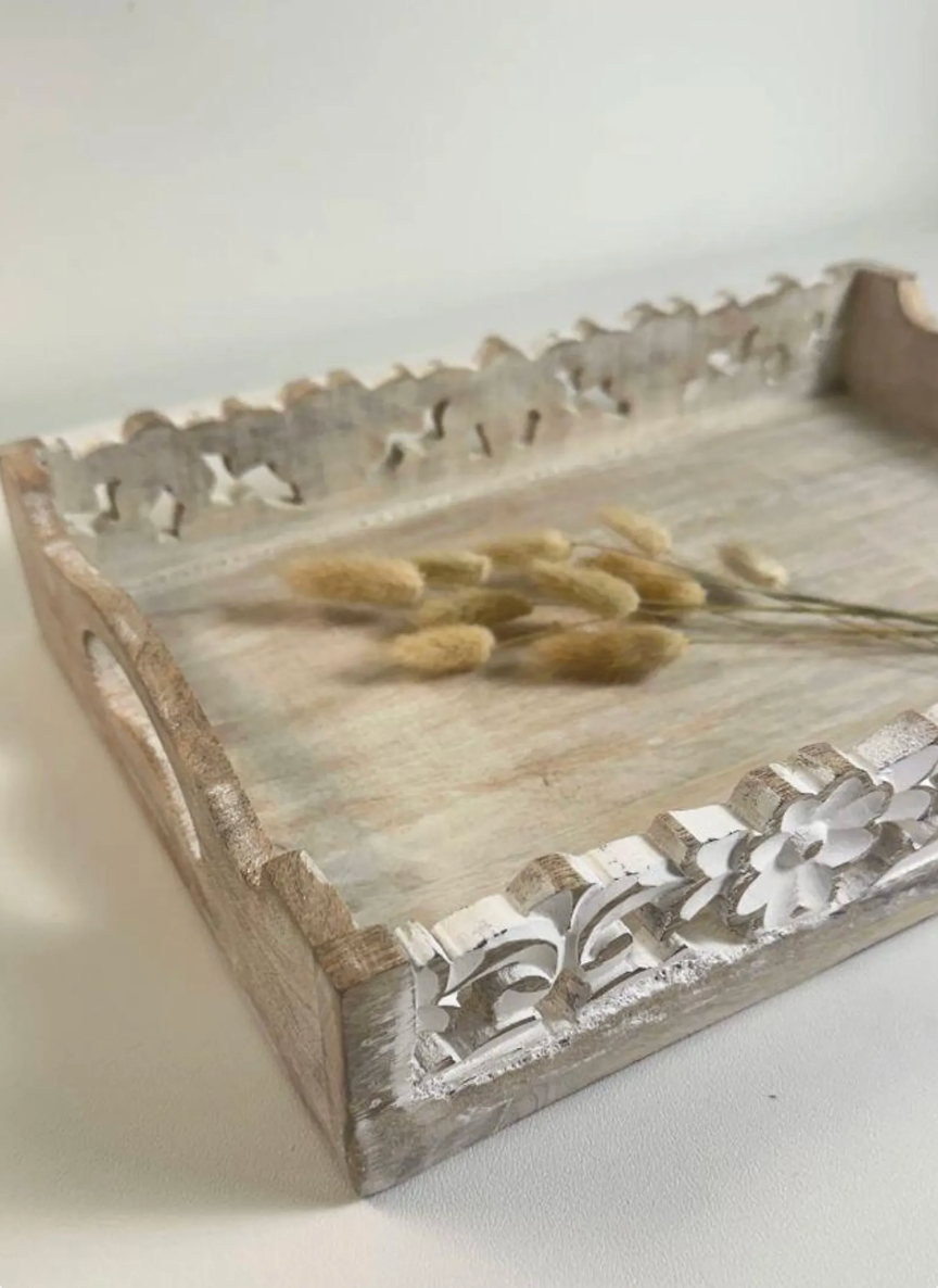 Boho Handmade Decorative Serving Wooden Tray Whitewashed