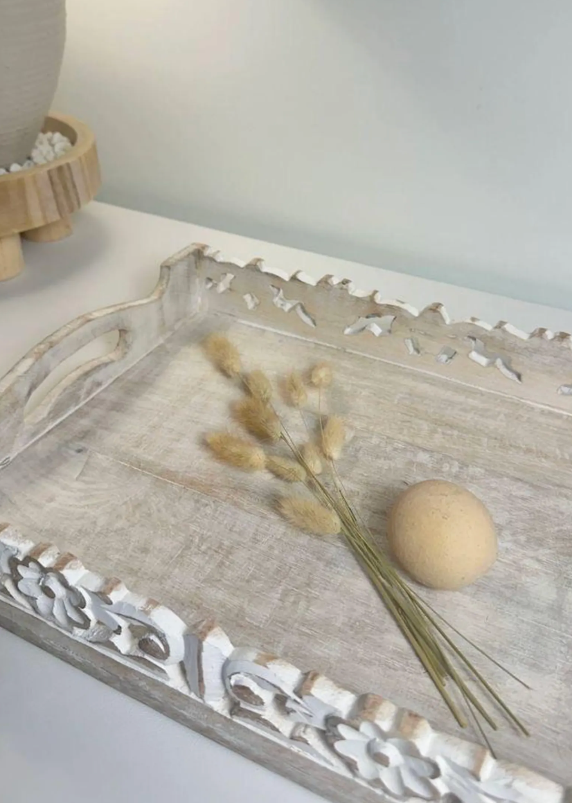 Boho Handmade Decorative Serving Wooden Tray Whitewashed