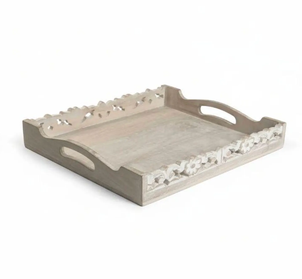 Boho Handmade Decorative Serving Wooden Tray Whitewashed