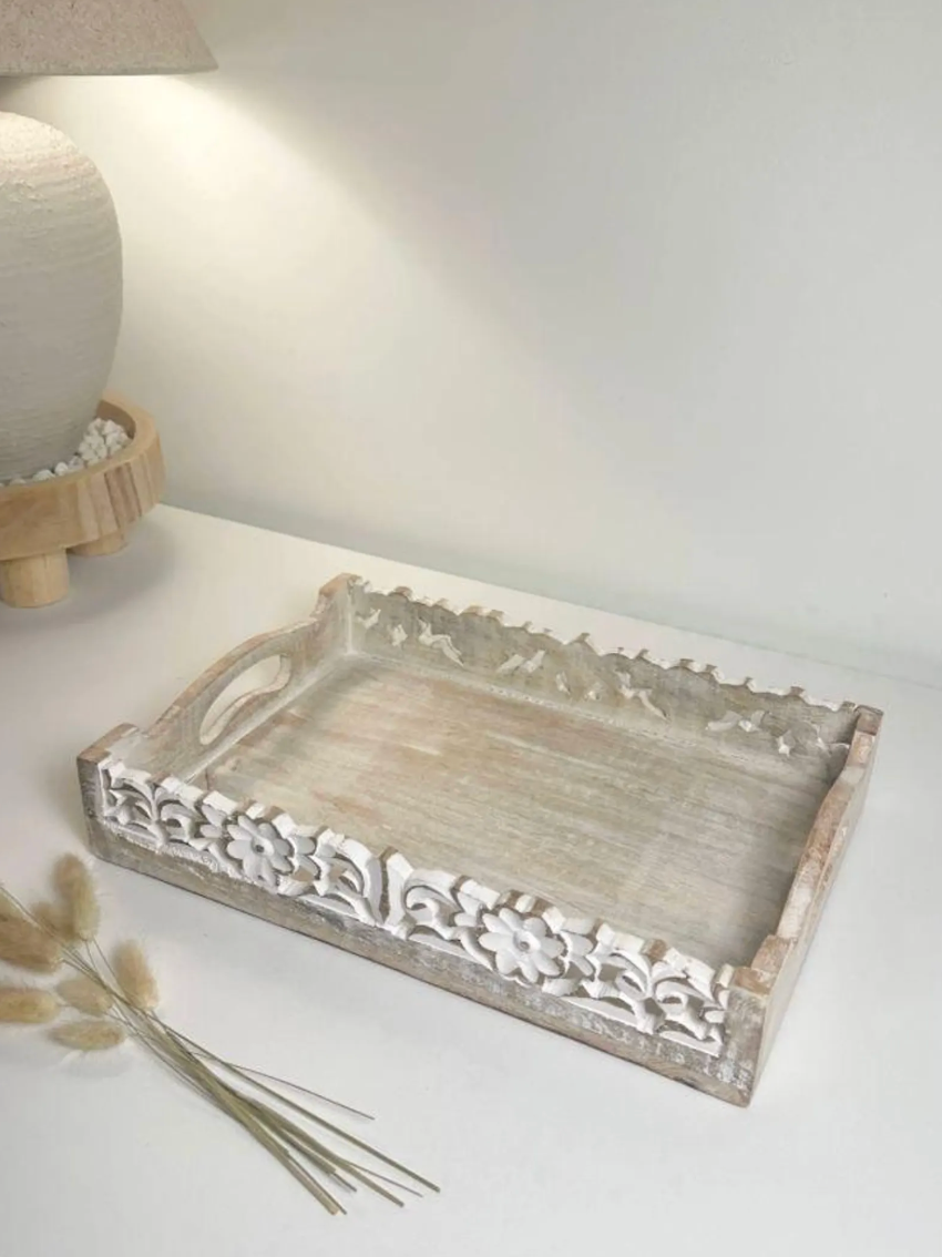 Boho Handmade Decorative Serving Wooden Tray Whitewashed