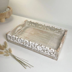 Boho Handmade Decorative Serving Wooden Tray Whitewashed