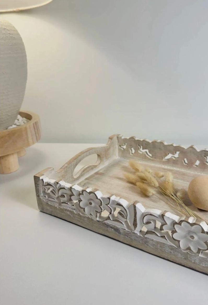 Boho Handmade Decorative Serving Wooden Tray Whitewashed