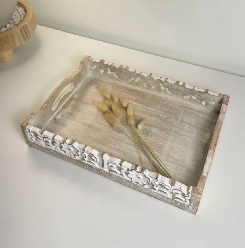 Boho Handmade Decorative Serving Wooden Tray Whitewashed