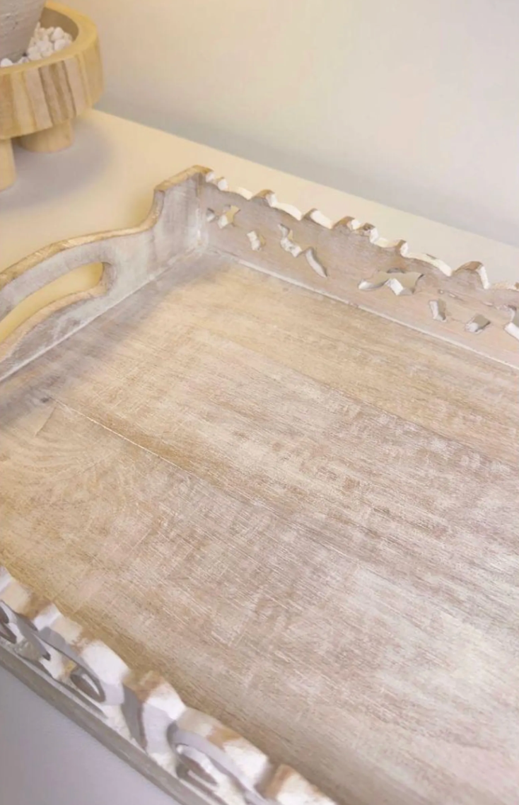 Boho Handmade Decorative Serving Wooden Tray Whitewashed
