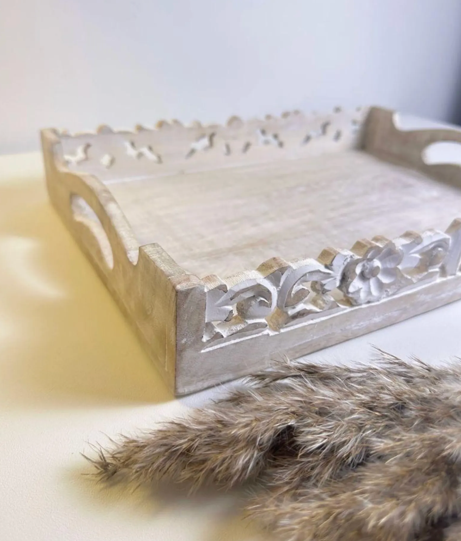 Boho Handmade Decorative Serving Wooden Tray Whitewashed