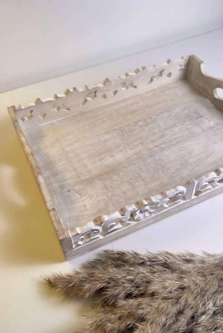 Boho Handmade Decorative Serving Wooden Tray Whitewashed