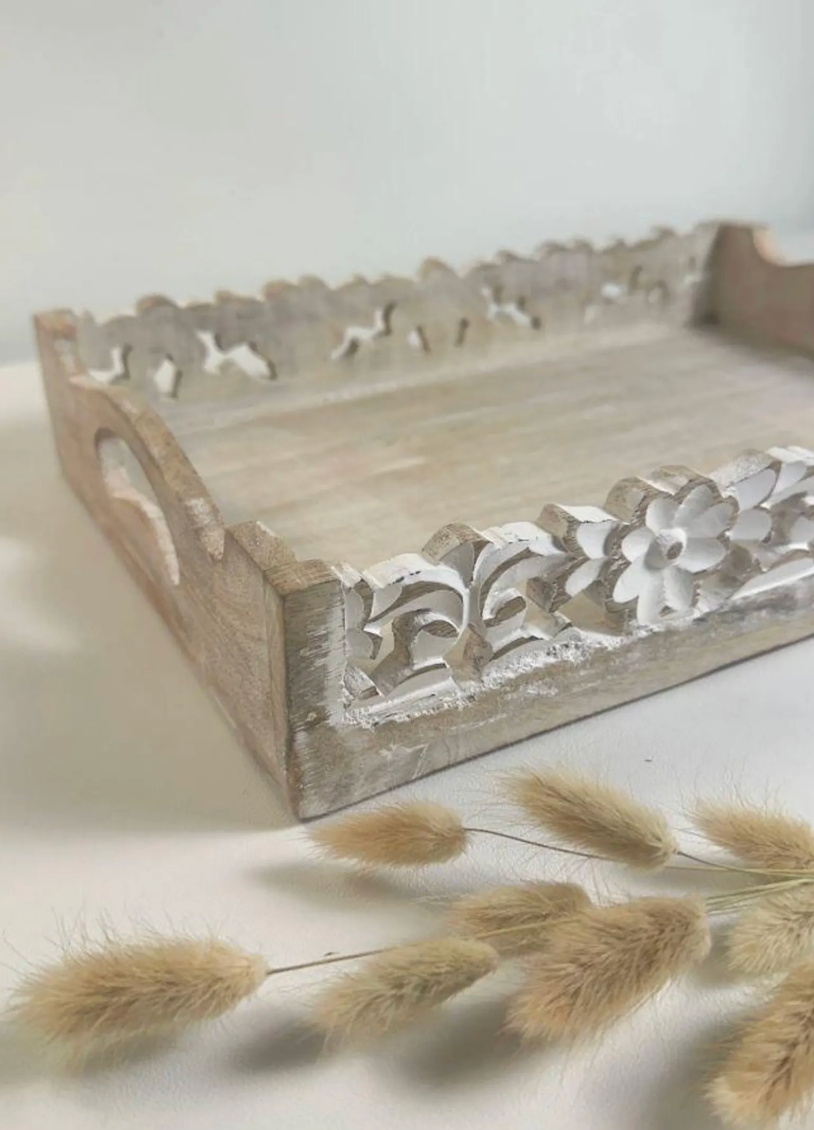 Boho Handmade Decorative Serving Wooden Tray Whitewashed