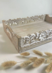 Boho Handmade Decorative Serving Wooden Tray Whitewashed