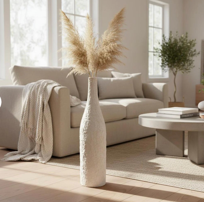 Minimalist Art Piece Floor Vase 19.5" tall Textured Hand-painted Metal/Ceramic  - Off White