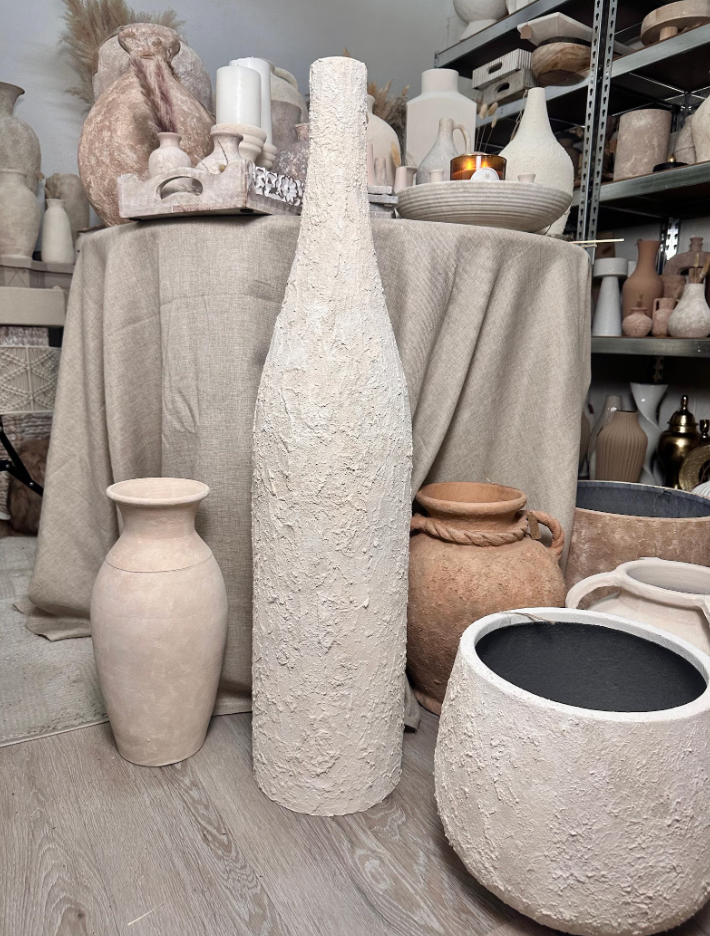 Minimalist Art Piece Floor Vase 19.5" tall Textured Hand-painted Metal/Ceramic  - Off White