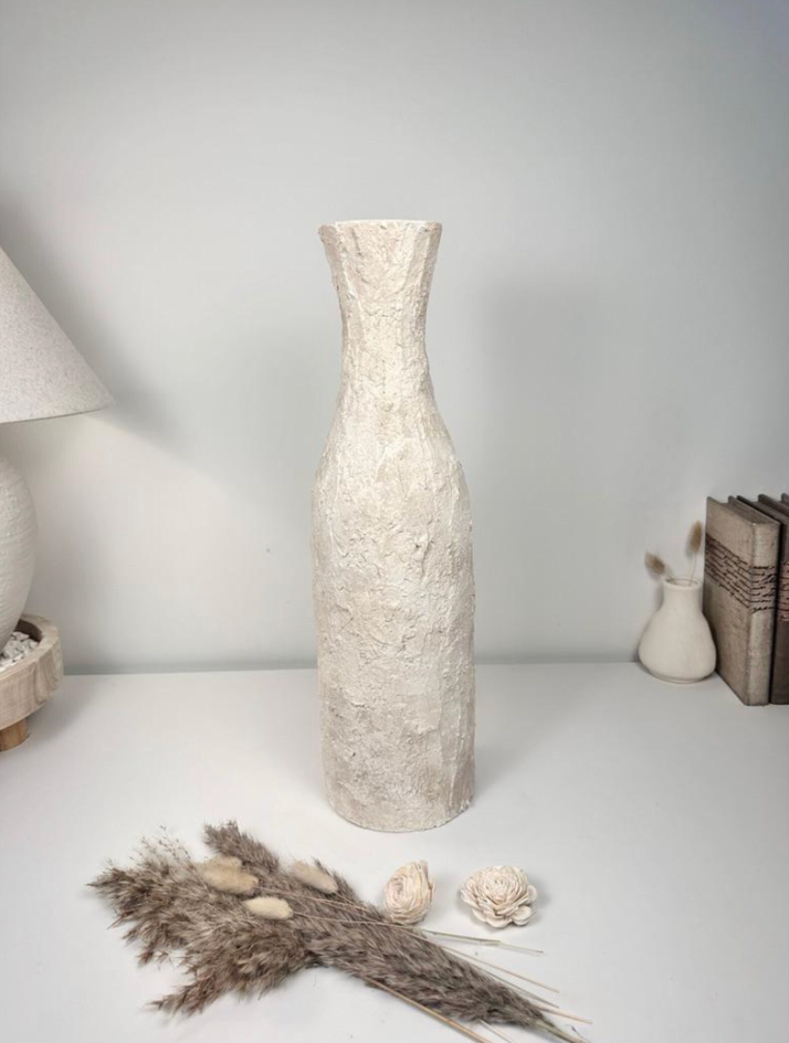 Minimalist Art Piece Floor Vase 19.5" tall Textured Hand-painted Metal/Ceramic  - Off White