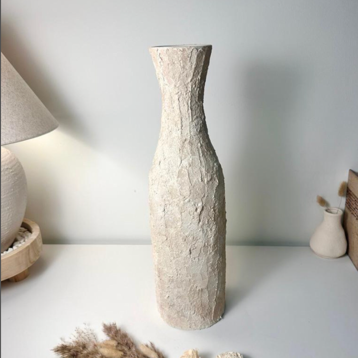 Minimalist Art Piece Floor Vase 19.5" tall Textured Hand-painted Metal/Ceramic  - Off White